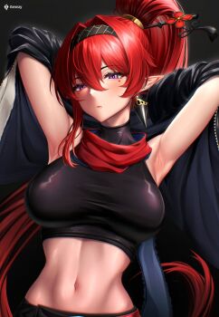 1girl alternate_costume armpits arms_behind_head artist_name black_hairband black_shirt breasts circle_facial_mark closed_mouth commentary cowboy_shot crop_top earrings english_commentary facial_mark hair_between_eyes hair_intakes hair_ornament hair_stick hairband high_ponytail highres jewelry kenn_artz large_breasts light_blush long_hair looking_at_viewer mark_under_both_eyes md5_mismatch midriff navel pointy_ears ponytail presenting_armpit purple_eyes red_hair resolution_mismatch shirt solo source_larger very_long_hair wuthering_waves yinlin_(wuthering_waves)