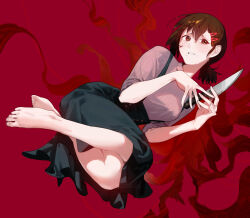 Rule 34 | 1girl, breasts, brown eyes, brown hair, chainsaw man, full body, green skirt, hair ornament, hairclip, higashiyama kobeni, highres, holding, holding knife, knife, long sleeves, looking at viewer, mole, mole under mouth, open mouth, raneblu, red background, shirt, shirt tucked in, short hair, short ponytail, skirt, small breasts, solo, suspender skirt, suspenders, sweat, teeth, toes, white shirt
