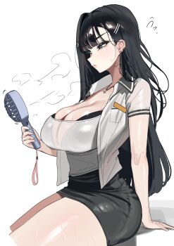 1girl absurdres black_bra black_eyes black_hair bra bra_peek breasts cleavage collared_shirt earrings hair_ornament hairclip hand_fan handheld_electric_fan highres huge_breasts jewelry necklace open_clothes open_shirt original pazzimo pencil_skirt shirt skirt solo sweat tank_top thighs underwear very_sweaty