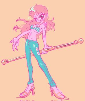 Rule 34 | 1girl, bare arms, bare shoulders, bikini, bikini top only, blue pants, blush, breasts, cleavage, clima-tact, commentary request, denim, full body, green bikini, high heel sandals, high heels, highres, holding, holding staff, jeans, korean commentary, long hair, looking at viewer, medium breasts, nami (one piece), one eye closed, one piece, open mouth, orange background, orange hair, pants, red eyes, sandals, shoulder tattoo, simple background, solo, sparkle, spookeygoost, staff, standing, stomach, swimsuit, tattoo, underboob, w, wavy hair