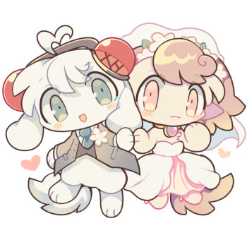 1boy 1girl :3 ahoge animal_ears animal_feet animal_hands artist_self-insert babichao bayachao bridal_veil brown_fur chibi chibi_only chibikemo coat commentary_request couple dog_boy dog_ears dog_girl dog_tail dress furry furry_female furry_male furry_with_furry green_eyes headphones heart heart_ahoge hetero husband_and_wife makemon! necktie official_art pink_eyes pochi_(makemon!) simple_background smile tail veil wedding_dress white_background white_fur