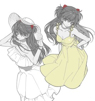 1girl absurdres bare_shoulders breasts chinese_commentary cleavage closed_mouth commentary_request denovo320 dress hair_ornament hair_over_one_eye hand_on_own_hip hands_up hat highres long_hair looking_at_viewer medium_breasts multiple_views neon_genesis_evangelion partially_colored simple_background sleeveless sleeveless_dress solo souryuu_asuka_langley standing strapless strapless_dress sun_hat two_side_up white_background yellow_dress