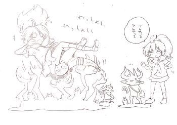 Rule 34 | 1girl, 2boys, ahoge, bdsm, bondage, bound, candy, cat (nyanko daisensou), claws, consensual tentacles, convenient censoring, demon horns, food, happy, high ponytail, highres, horns, li'l nyandam (nyanko daisensou), lollipop, multiple boys, murayamawataru, no panties, nyanko daisensou, ponytail, school uniform, shoes, socks, spirit, tentacles, thighs, ururun wolf (nyanko daisensou)