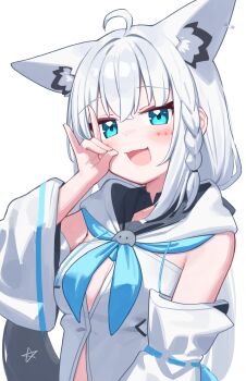 1girl :d absurdres animal_ear_fluff animal_ears blue_eyes braid breasts deaver detached_sleeves fox_ears fox_girl fox_shadow_puppet fox_tail highres hololive medium_breasts open_mouth pentagram shirakami_fubuki shirakami_fubuki_(1st_costume) simple_background single_braid smile solo tail virtual_youtuber white_background white_sleeves