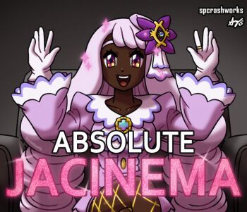 Rule 34 | 1girl, absolute cinema (meme), armchair, ascot, breasts, chair, collarbone, crossed legs, dark-skinned female, dark skin, dress, english text, fascinator, fishnet pantyhose, fishnets, frilled ascot, frills, gloves, gold ring, hair ornament, hands up, jacinthe (pokemon), juliet sleeves, long hair, long sleeves, looking at viewer, low drills, medium breasts, mega stone, meme, nintendo, on chair, open mouth, pantyhose, pokemon, pokemon legends: z-a, puffy sleeves, purple dress, purple eyes, purple hair, sitting, smile, solo, sparkle, spcrashworks, teeth, upper teeth only, very dark skin, white gloves