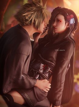 1boy 1girl 3d black_hair blonde_hair cloud_strife couple final_fantasy final_fantasy_vii final_fantasy_vii_remake food hair_ornament hand_on_another&#039;s_face hand_on_another&#039;s_head highres japanese_clothes kimono long_hair long_sleeves looking_at_another official_alternate_costume pocky pocky_day red_eyes ria-neearts sitting sitting_on_lap sitting_on_person spiked_hair square_enix thighhighs tifa_lockhart tifa_lockhart_(exotic_dress) twitter_username wall_market