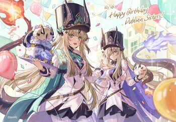 :d arknights balloon birthday birthday_cake black_hat black_horns black_skirt black_tail blonde_hair blunt_ends breasts building cake cape commentary confetti cowboy_shot creature dragon_bubble_(arknights) dragon_girl dragon_horns dragon_tail dress english_commentary fangs fire flame-tipped_tail food green_cape green_eyes hair_over_one_eye happy_birthday hat highres holding holding_creature holding_food horns long_hair long_sleeves looking_at_viewer medium_breasts necrass_(arknights) one_eye_covered open_mouth outdoors ppxdq purple_cape purple_fire purple_light reed_(arknights) shako_cap siblings sisters skirt sky smile string_of_flags tail white_dress