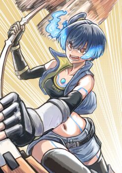 1girl angry bare_shoulders belt blue_hair breasts crop_top cropped_jacket elbow_gloves fingerless_gloves gloves hammer highres medium_hair nemimin red_eyes sena_(xenoblade) side_ponytail xenoblade_chronicles_(series) xenoblade_chronicles_3