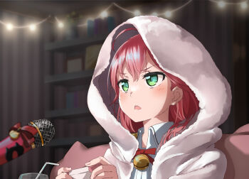 1girl ahoge bell blush bow bowtie collared_shirt controller couch covering_with_blanket delf drinking_straw game_controller highres holding holding_controller holding_game_controller hololive indoors microphone neck_bell official_alternate_costume on_couch open_mouth pink_hair red_bow red_bowtie sakura_miko sakura_miko_(casual) shirt solo teeth tongue triangle_mouth upper_teeth_only virtual_youtuber white_shirt