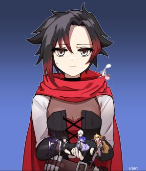 4girls ammunition_belt animal animal_on_shoulder ar_jart artist_name belt black_choker black_gloves black_hair blake_belladonna blue_background breasts brown_belt cape choker closed_mouth commentary corset english_commentary fingerless_gloves gloves gradient_background grey_eyes holding hood hooded_cape looking_at_viewer mini_person minigirl mouse_(animal) mouse_on_shoulder multicolored_hair multiple_girls red_cape red_hair red_hood ruby_rose rwby short_hair small_breasts streaked_hair sweatdrop two-tone_hair upper_body weiss_schnee yang_xiao_long