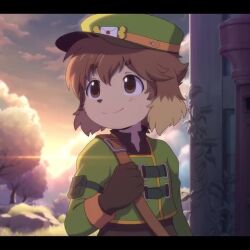 1boy :o animal_ears animated anime_coloring araunia backlighting bag black_gloves black_shirt brown_eyes brown_hair closed_eyes cropped_jacket dog_boy dog_ears floppy_ears furry furry_male gloves green_hat green_jacket grin hat jacket letterboxed mailman male_focus one_eye_closed original peaked_cap plant shirt shoulder_bag smile solo sunset upper_body v video vines