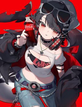 1girl belt black_hair black_jacket bottle breasts choker cleavage coca-cola commentary_request crop_top denim ellen_joe eyewear_on_head fins fish_tail guest_art headphones headphones_around_neck highres holding holding_bottle jacket jeans jewelry karo_(karohroka) looking_at_viewer medium_breasts midriff mole mole_under_eye nail_polish necklace open_clothes open_jacket pants red_background red_eyes red_hair red_nails shark_girl shark_tail shirt simple_background soda_bottle spiked_choker spikes tail torn_clothes torn_jeans torn_pants torn_shirt zenless_zone_zero
