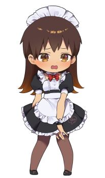 1boy alternate_costume alternate_hair_length alternate_hairstyle apron black_dress black_shoes bow bowtie brown_eyes brown_hair brown_pantyhose commentary_request crossdressing crossdressing_(mtf) deformed detached_collar dress embarrassed enmaided frilled_wrist_cuffs frills full_body highres kotesashi_kouyou long_hair maid maid_apron maid_headdress male_focus male_maid mary_janes murata_tefu open_mouth pantyhose red_bow red_bowtie sawaranaide_kotesashi-kun shoes simple_background solo standing white_apron white_background wrist_cuffs