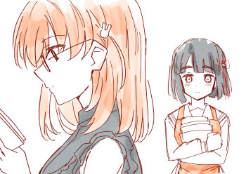 2girls :| alt_text apron black_hair black_shirt blunt_bangs blunt_ends blush bob_cut book cerise_bouquet closed_mouth commentary_request dress expressionless frilled_shirt frills gamers_(store) glasses hair_ornament hasu_no_sora_school_uniform hinoshita_kaho hinoshita_kaho_(ishikawa_prefectural_library) holding holding_book link!_like!_love_live! long_sleeves looking_at_another love_live! medium_hair momose_ginko multiple_girls nogreen orange_apron partially_colored profile rabbit_hair_ornament reading sailor_dress school_uniform shirt short_hair simple_background sleeveless sleeveless_shirt split_mouth story_in_commentary two_side_up virtual_youtuber white_background winter_uniform