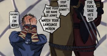 3boys blush bodysuit bound brown_hair claw_(weapon) deadpool deadpool_&amp;_wolverine deadpool_(series) embarrassed facial_hair fantastic_four gloves hands_on_own_face hashtag-only_commentary highres johnny_storm male_focus marvel mcbuckwheat multicolored_bodysuit multiple_boys muscular muscular_male pectorals red_bodysuit rope short_hair superhero_costume tied_up_(nonsexual) two-tone_bodysuit weapon wolverine_(x-men) x-men yaoi yellow_bodysuit