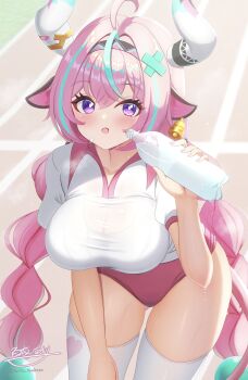 1girl :o absurdres ahoge alternate_costume animal_ears aqua_streaks bell bell_earrings blush bottle breasts cleavage commentary_request cow_ears cow_girl cow_horns cowbell earrings genshin_impact hair_between_eyes hand_up highres holding holding_bottle horns hyakuya_iori jewelry large_breasts leaning_forward long_hair looking_at_viewer multicolored_hair pink_hair purple_eyes see-through_clothes shirt signature solo streaked_hair sweat thighhighs twitter_username varesa_(genshin_impact) very_long_hair very_sweaty water_bottle wet wet_clothes wet_shirt white_shirt white_thighhighs