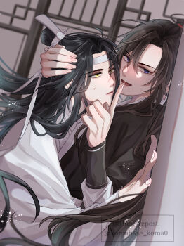 2boys absurdres bishounen black_hair black_hanfu brown_hair chinese_clothes couple finger_to_mouth hand_on_another's_head hanfu headband highres hug indoors koma_hase lan_wangji lattice light_particles long_hair long_sleeves looking_at_another looking_at_viewer male_focus modao_zushi multiple_boys open_mouth parted_lips ponytail purple_eyes robe sidelocks smile sweatdrop topknot twitter_username upper_body watermark wei_wuxian white_hanfu white_headband wide_sleeves xiao_guan_(headdress) yaoi yellow_eyes