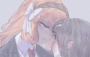 2girls artist_self-insert blush bow brown_hair collared_shirt freckles green_eyes hair_bow hand_on_forehead highres ishmael_(project_moon) limbus_company long_hair multiple_girls necktie open_mouth orange_hair project_moon red_necktie riri_(kira0311) shirt sidelocks simple_background very_long_hair white_background white_bow white_shirt yuri