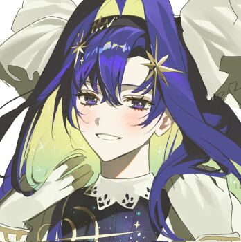 1girl adjusting_hair baegi201 blonde_hair blue_eyes blue_hair colored_inner_hair commentary_request gloves grin hair_intakes hair_ornament hands_up highres korean_commentary long_hair looking_at_viewer multicolored_hair portrait reverse:1999 smile solo star_(symbol) star_hair_ornament voyager_(reverse:1999) white_gloves