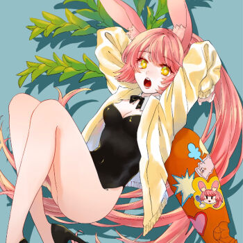 1girl animal_ears bare_legs black_leotard bow bowtie carrot detached_collar food_bite fork hair_between_eyes heart heart_sticker high_heels holding holding_fork jacket leaf leotard long_hair mmo_07 open_mouth original oversized_food oversized_object pink_hair playboy_bunny ponytail rabbit_ears simple_background solo sticker strapless strapless_leotard yellow_eyes yellow_jacket