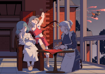 Rule 34 | 4girls, blonde hair, blue hair, braid, cake, cake slice, commentary, cup, flandre scarlet, food, grey hair, half up half down braid, highres, holding, holding cup, izayoi sakuya, kirisame marisa, kneeling, multiple girls, nightgown, pointy ears, red eyes, red shirt, remilia scarlet, sendai (nazonomono), shirt, sparkle, teacup, touhou, white nightgown