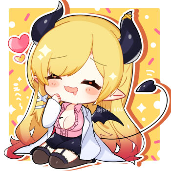 1girl :3 :d ^_^ black_horns black_shoes black_skirt blonde_hair blush_stickers border breasts brown_thighhighs chibi chibi_only cleavage closed_eyes commentary_request demon_girl demon_horns demon_tail drooling full_body garter_straps hand_up hololive horns kashiwase_karune lab_coat large_breasts long_hair mouth_drool open_mouth outline outside_border pink_shirt seiza shirt shoes sitting skirt smile solo tail thighhighs twitter_username very_long_hair virtual_youtuber white_border white_outline yellow_background yuzuki_choco