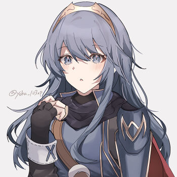 1girl armor black_gloves blue_eyes blue_hair blue_tunic blush brand_of_the_exalt breasts cape commentary_request fingerless_gloves fire_emblem fire_emblem_awakening gloves grey_background hair_between_eyes highres long_hair looking_at_viewer lucina_(fire_emblem) nintendo parted_lips red_cape simple_background small_breasts solo symbol-shaped_pupils tiara tunic upper_body yoka_(103xp)