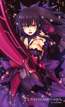 1girl artist_name black_gloves breasts character_name cleavage cleavage_cutout clothing_cutout date_a_live dress elbow_gloves female_focus gloves hair_ribbon holding holding_sword holding_weapon kyoraku_(weng3133) long_hair looking_at_viewer medium_breasts open_mouth petals purple_dress purple_eyes purple_hair ribbon solo sword weapon yatogami_tohka yatogami_tohka_(true_form)