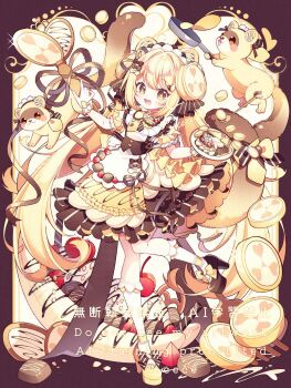 1girl :d animal apron artist_name asymmetrical_footwear blonde_hair blush border bow bowtie brown_border brown_bow brown_dress brown_ribbon brown_shoes commentary_request dog dot_nose dress food footwear_bow frilled_apron frilled_sleeves frills frying_pan full_body hair_ribbon high_heels highres holding holding_frying_pan holding_plate hyou_(pixiv3677917) long_hair looking_at_viewer mismatched_footwear open_mouth original outside_border pancake plate ribbon shoes short_sleeves smile socks solo standing standing_on_one_leg striped_clothes striped_dress striped_ribbon watermark white_apron white_background white_socks yellow_bow yellow_bowtie yellow_eyes yellow_shoes