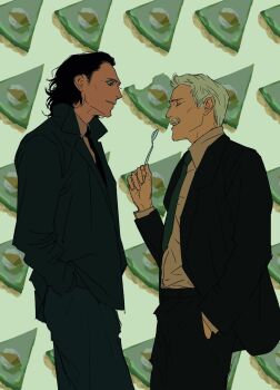 2boys black_hair black_jacket black_pantyhose cheekbones closed_eyes collared_shirt cowboy_shot facial_hair food formal_clothes green_jacket green_necktie green_pants green_suit grey_hair hair_slicked_back hand_in_pocket highres holding holding_spoon jacket loki_(disney+) loki_(marvel) looking_at_another male_focus marvel mobius_(marvel) multiple_boys mustache necktie om7mol open_mouth pants pantyhose parted_lips pie pie_slice shirt short_hair smile spoon suit suit_jacket white_shirt