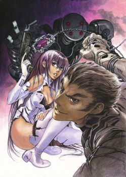 1boy 1girl armor armored_dress bare_shoulders boots bra breasts brown_hair chain cleavage_cutout clenched_hand clothing_cutout commentary_request cover cover_page dai_yagashira dress gem gradient_background gradient_hair grin gun handgun highres holding holding_gun holding_weapon joints lace lace-trimmed_thighhighs lace_bra lace_trim leotard long_hair long_sideburns looking_at_viewer looking_to_the_side mechanical_arms multicolored_hair neon_lights novel_cover novel_illustration official_art open_mouth purple_gem purple_hair robot robot_joints science_fiction sideburns smile smirk thighhighs thighs treasure_hunter_yagashiradai_file underwear v-shaped_eyebrows weapon white_boots white_leotard yonemura_kouichirou yuki_dazai