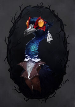 beak bird blue_feathers brown_vest colored_sclera feathers furry grey_beak highres orange_sclera original other_focus portrait solo tag teeth tischeritsa vest