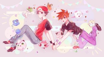 Rule 34 | 2boys, :d, azurill, blue oak, brown hair, cleffa, collared shirt, commentary request, dedenne, fanny pack, flabebe, flabebe (red flower), gen 1 pokemon, gen 2 pokemon, gen 3 pokemon, gen 6 pokemon, hat, heart, holding hands, jigglypuff, male focus, multiple boys, nintendo, open mouth, pants, pokemon, pokemon (creature), pokemon frlg, purple pants, ralts, red (pokemon), red hat, red vest, sekaiitinoki, shirt, shoes, short hair, short sleeves, smile, spiked hair, spritzee, swirlix, t-shirt, togepi, vest, white bag, wristband