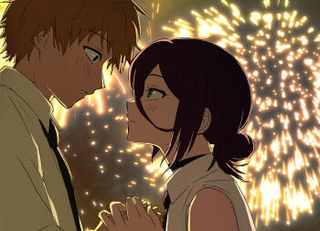 1boy 1girl aerial_fireworks black_choker black_hair black_necktie black_ribbon blonde_hair blush chainsaw_man choker commentary denji_(chainsaw_man) eye_contact fireworks hetero highres holding_hands looking_at_another neck_ribbon necktie outdoors profile reze_(chainsaw_man) ribbon scene_reference shirt sumi_ringo white_shirt