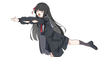 1girl absurdres arm_cutout black_hair black_jacket black_shirt black_shoes black_skirt black_socks chinese_commentary chisa_(wuthering_waves) closed_eyes clothing_cutout commentary_request facing_viewer hair_ribbon highres jacket leg_up long_hair long_sleeves meme mole mole_under_eye neckerchief open_mouth outstretched_arms qianbihezhong red_neckerchief red_ribbon ribbon sakana~_(meme) shirt shoes simple_background skirt socks solo turning_head white_background wuthering_waves