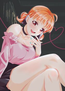 1girl absurdres ahoge bare_shoulders black_choker black_skirt breasts choker cleavage collarbone commentary_request crossed_legs detached_sleeves feet_out_of_frame grey_background heart heart_of_string highres large_breasts looking_at_viewer love_live! love_live!_sunshine!! low_twintails miniskirt orange_hair pink_shirt pleated_skirt red_eyes ruttsu shirt sitting skirt solo strapless strapless_shirt takami_chika teeth twintails upper_teeth_only