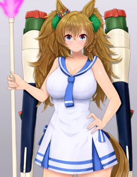 1girl animal_ears bare_shoulders blast_impulse_gundam blast_onepiece_(umamusume) blue_eyes blue_necktie breasts brown_hair cleavage commentary_request covered_navel dress duster feather_duster grey_background gundam gundam_seed gundam_seed_destiny hand_on_own_hip horse_ears horse_girl horse_tail large_breasts long_hair m172/minatsu machinery necktie pom_pom_(clothes) simple_background sleeveless sleeveless_dress solo tail umamusume white_dress