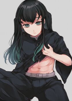 1boy abs absurdres aqua_eyes aqua_hair belt black_hair black_jacket buttons closed_mouth clothes_lift commentary_request gold_buttons gradient_hair grey_background grey_belt hair_between_eyes high_collar highres jacket jacket_lift kenpin kimetsu_no_yaiba long_hair looking_at_viewer male_focus multicolored_hair navel simple_background sitting solo tokitou_muichirou toned toned_male two-tone_hair white_background
