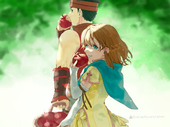 1boy 1girl 91007 apple blue_hair boyd_(fire_emblem) brown_hair commentary_request fire_emblem fire_emblem:_path_of_radiance food fruit fruit_basket green_hair holding holding_food holding_fruit mist_(fire_emblem) nintendo smile