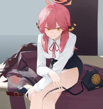 1girl absurdres aru_(blue_archive) black_skirt blue_archive breasts brown_coat brown_horns coat collared_shirt corded_phone demon_horns dokshuri feet_out_of_frame fur-trimmed_coat fur_trim halo highres horns large_breasts long_hair long_sleeves looking_at_viewer open_mouth phone pink_hair pink_halo shirt sitting skirt smile solo unworn_coat white_shirt yellow_eyes