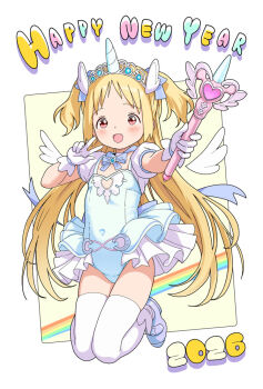 1girl 2026 :d blonde_hair blue_bow blue_bowtie blue_gem blue_leotard blue_shoes blue_skirt bow bowtie breasts cleavage cleavage_cutout clothing_cutout coattails commentary_request covered_navel detached_wings dot_nose fake_horns gem gloves hands_up happy_new_year heart_cutout holding holding_staff horns kneeling layered_skirt legs_together leotard light_blush long_hair looking_at_viewer magical_girl new_year open_mouth original puffy_short_sleeves puffy_sleeves red_eyes shoes short_bangs short_sleeves skirt smile solo staff straight_hair tailcoat thighhighs tiara two_side_up uehara16 unicorn_horn v very_long_hair white_gloves white_skirt white_thighhighs wings