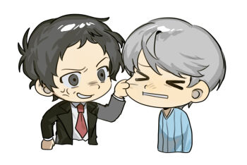 >_< 2boys adachi_tooru anger_vein bags_under_eyes black_eyes black_hair black_jacket blue_shirt cheek_pull chengmingraven chibi chibi_only clenched_teeth closed_eyes collared_shirt commentary cropped_torso grey_hair jacket male_focus messy_hair multiple_boys narukami_yu necktie persona persona_4 red_necktie shirt short_hair simple_background teeth white_shirt