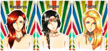 3boys androgynous black_hair blonde_hair blue_eyes braid character_name cheese-cake-panda circlet closed_mouth collarbone cousins ear_ornament earrings elf eyebrows_hidden_by_hair eyes_visible_through_hair fingon finrod gem green_eyes jewelry long_hair looking_at_viewer maedhros male_focus multiple_boys necklace parted_bangs parted_lips pointy_ears red_hair teeth the_silmarillion tolkien&#039;s_legendarium topless_male upper_body