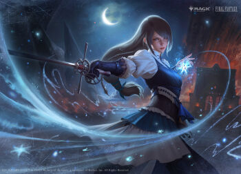 1girl absurdres arif_wijaya blue_vest commentary copyright_name copyright_notice crescent_moon cryokinesis english_commentary fighting_stance final_fantasy final_fantasy_xvi frost gloves grey_hair highres holding holding_sword holding_weapon ice_shard jill_warrick leather leather_vest long_hair looking_at_viewer low-tied_long_hair magic:_the_gathering moon night official_art pointing_melee_weapon pointing_sword rapier serious single_glove solo sword vest weapon