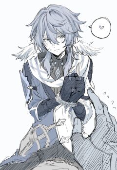 2boys black_gloves black_pants black_shirt blue_eyes blue_jacket bound caelus_(honkai:_star_rail) clenched_hands closed_mouth critical_micell earrings feathered_wings fingerless_gloves fingernails gloves gold_earrings grey_hair hair_between_eyes hands_up head_wings heart highres honkai:_star_rail honkai_(series) jacket jewelry long_sleeves looking_afar male_focus multicolored_jacket multiple_boys pants piercing scarf shirt short_hair sidelocks simple_background sitting smile solo_focus speech_bubble spoken_heart spread_legs sunday_(honkai:_star_rail) sweat thigh_strap tied_up_(nonsexual) trailblazer_(honkai:_star_rail) two-tone_jacket white_background white_jacket white_scarf wing_piercing wings yaoi