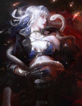 1girl absurdres artist_name black_gloves black_jacket black_shorts blue_bra blue_nails bra breasts collarbone commentary criss-cross_halter earrings english_commentary english_text galbrena_(wuthering_waves) gloves gold_choker grey_hair halterneck hand_on_own_stomach hand_up highres jacket jewelry looking_at_viewer lying medium_breasts medium_hair mutation on_back open_clothes open_jacket parted_lips purple_eyes shell_casing shorts single_bare_shoulder single_glove single_off_shoulder snake solo stomach ui_uiiiiiiiii underwear very_long_fingernails white_snake wuthering_waves