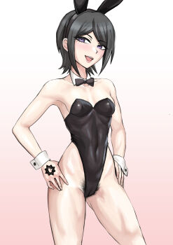 1girl :d akisora alternate_costume bare_shoulders black_bow black_bowtie black_hair black_leotard bow bowtie breasts collarbone cowboy_shot danganronpa:_trigger_happy_havoc danganronpa_(series) detached_sleeves female_pubic_hair hand_tattoo highres ikusaba_mukuro leotard open_mouth playboy_bunny pubic_hair purple_eyes shiny_clothes short_hair small_breasts smile solo strapless strapless_leotard tattoo teeth traditional_bowtie upper_teeth_only wrist_cuffs