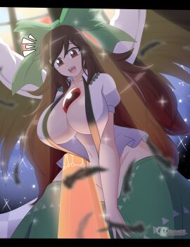 1girl absurdres arm_cannon bow breasts brown_eyes brown_hair cape commentary convenient_censoring english_commentary green_bow green_skirt hair_bow highres huge_breasts indoors light_rays long_hair looking_at_viewer luckerabbit9 navel no_panties open_clothes open_mouth open_shirt reiuji_utsuho short_sleeves skirt smile solo star_(sky) star_(symbol) third_eye touhou triangle_print twitter_username upper_body very_long_hair weapon