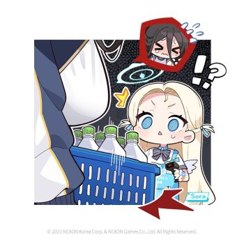 Rule 34 | !?, > <, @ @, apron, black hair, blonde hair, blue apron, blue archive, blue eyes, blue halo, blush, breasts, character name, chibi, closed eyes, closed mouth, clothes writing, commentary, donmin h, english commentary, flying sweatdrops, frown, hair between eyes, halo, hasumi (blue archive), hasumi (track) (blue archive), holding, jacket, large breasts, long hair, long sleeves, mole, mole under eye, motion lines, no nose, official art, plastic bottle, shirt, sora (blue archive), tearing up, track jacket, triangle mouth, v-shaped eyebrows, very long hair, wavy mouth, white shirt, white wings, wings