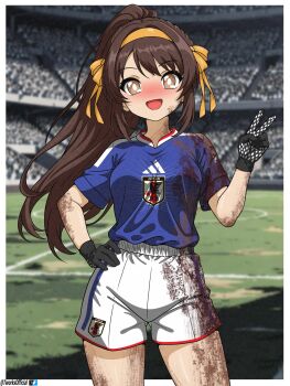 1girl artist_name black_gloves blue_shirt brown_hair commentary commission dirt dirty dirty_clothes english_commentary gloves hair_ribbon hand_on_own_hip high_ponytail highres japanese_national_soccer_team_uniform long_hair looking_at_viewer open_mouth ponytail product_placement ribbon shirt shorts soccer_field soccer_uniform solo sportswear suzumiya_haruhi suzumiya_haruhi_no_yuuutsu t-works white_shorts yellow_ribbon